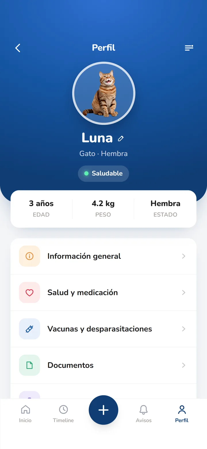 Perfil de Luna en PetiBook: edad, peso, salud, vacunas y documentos